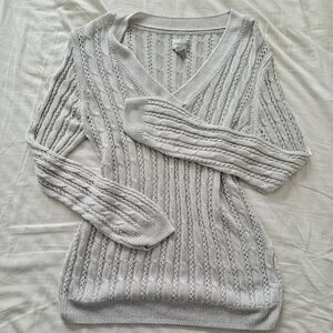 Chico's Light Gray Open-Stitch V-Neck Cable Sweater